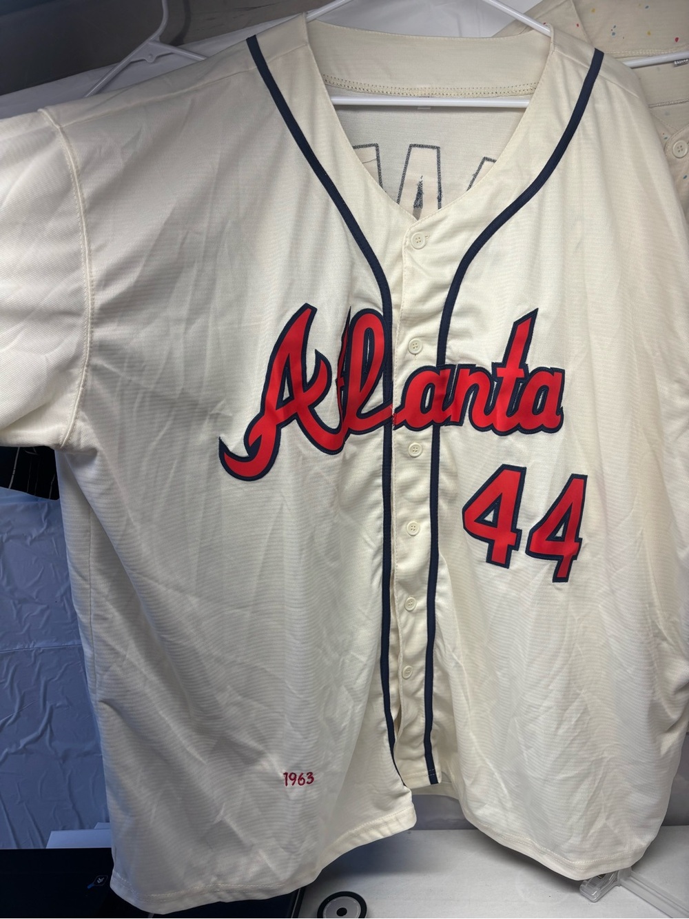 Cream Atlanta Script Baseball Jersey with Red & Navy Trim